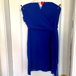 Strapless, cobalt blue cocktail dress.